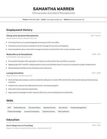 Chiropractic Assistant/Receptionist Resume