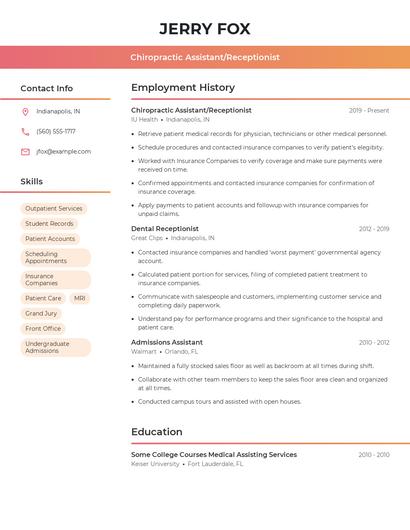 Chiropractic Assistant/Receptionist Resume