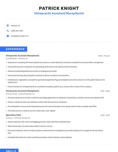 Chiropractic Assistant/Receptionist Resume