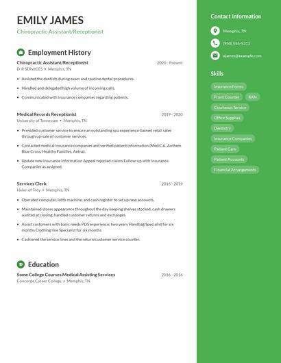 Chiropractic Assistant/Receptionist Resume