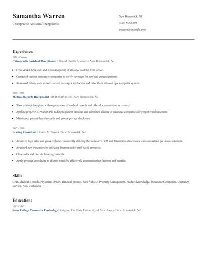 Chiropractic Assistant/Receptionist Resume