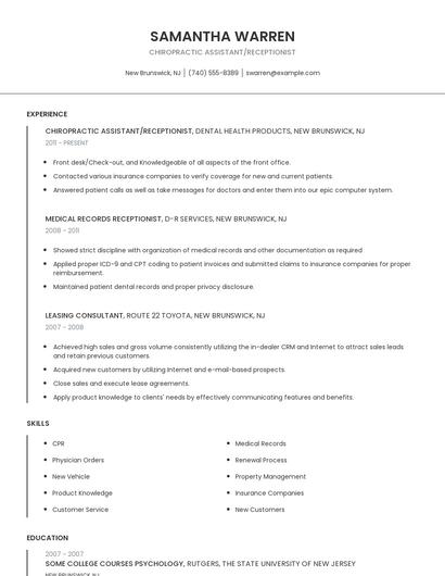 Chiropractic Assistant/Receptionist Resume