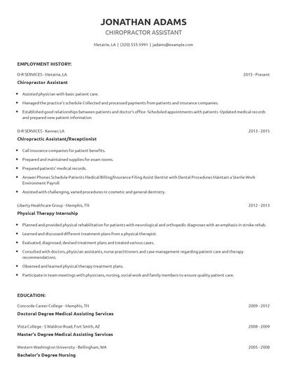 Chiropractor Assistant Resume
