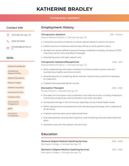 Chiropractor Assistant Resume