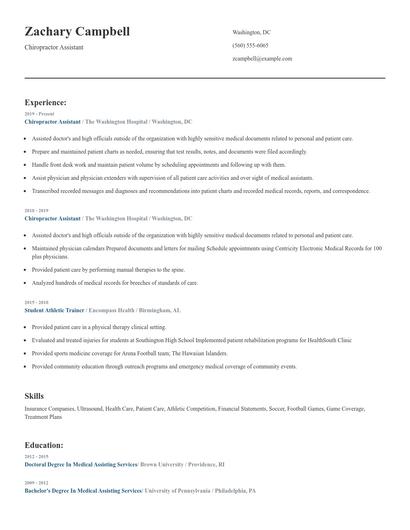 Chiropractor Assistant Resume