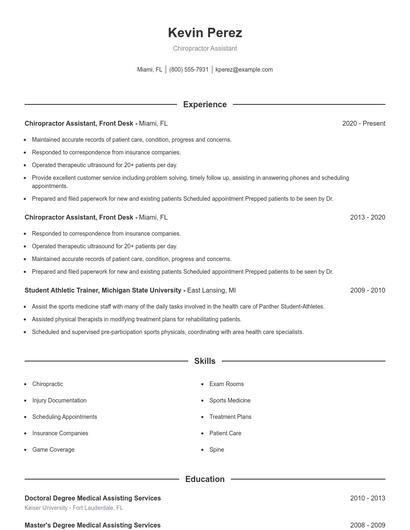 Chiropractor Assistant Resume