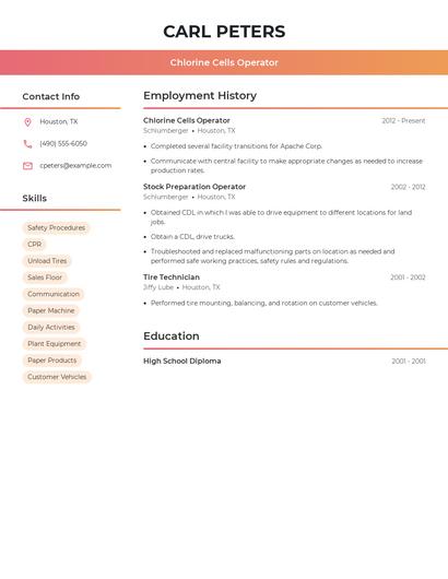 Chlorine Cells Operator Resume