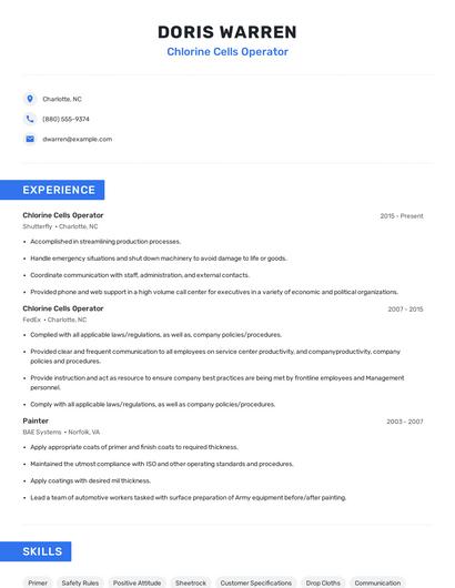 Chlorine Cells Operator Resume
