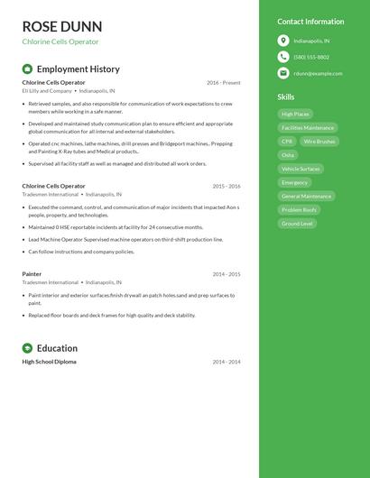 Chlorine Cells Operator Resume