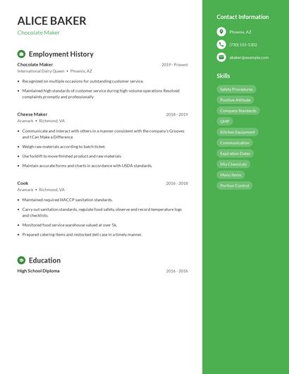 Chocolate Maker Resume