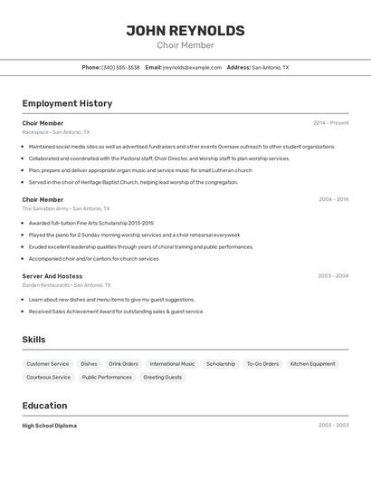 Choir Member Resume