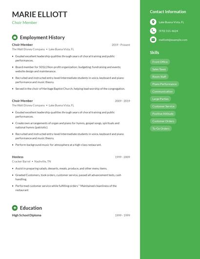 Choir Member Resume