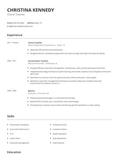 Choral Teacher Resume