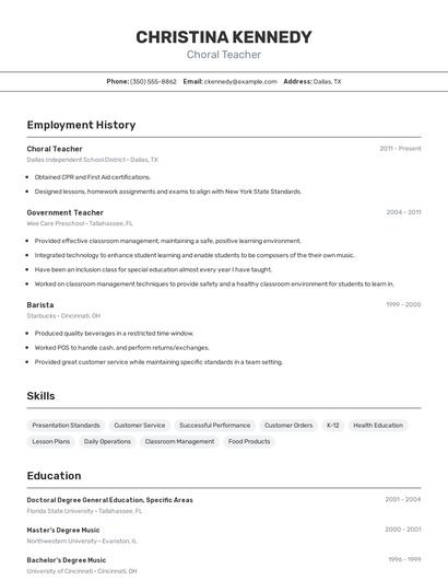 Choral Teacher Resume