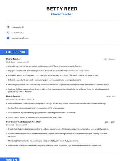 Choral Teacher Resume