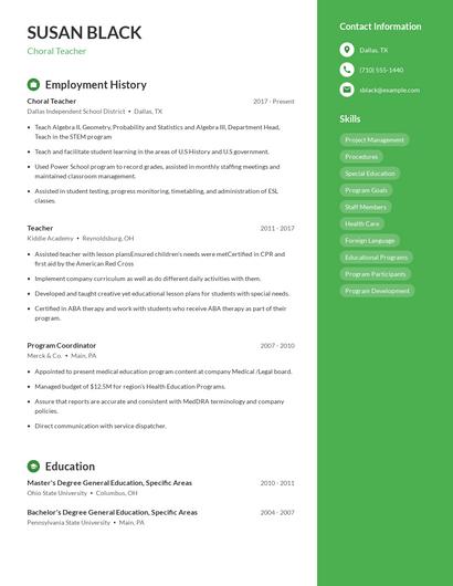 Choral Teacher Resume