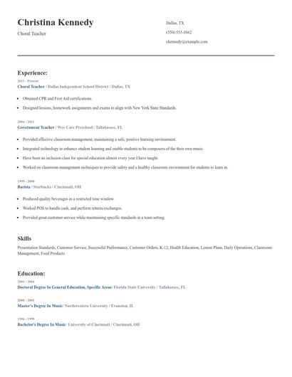 Choral Teacher Resume