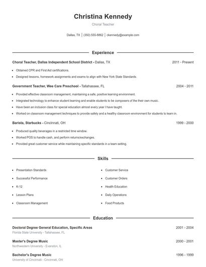 Choral Teacher Resume