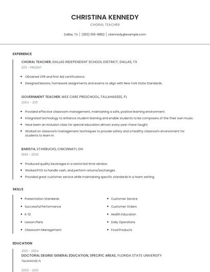 Choral Teacher Resume