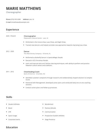 Choreographer Resume