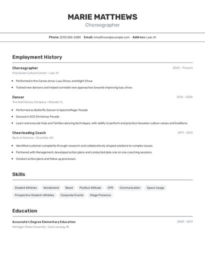 Choreographer Resume