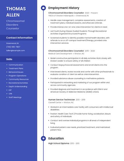 Chromosomal Disorders Counselor Resume