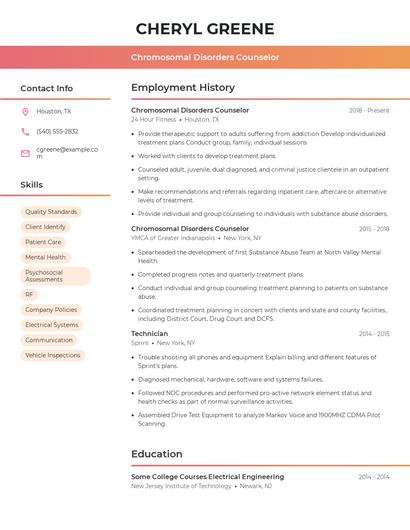 Chromosomal Disorders Counselor Resume