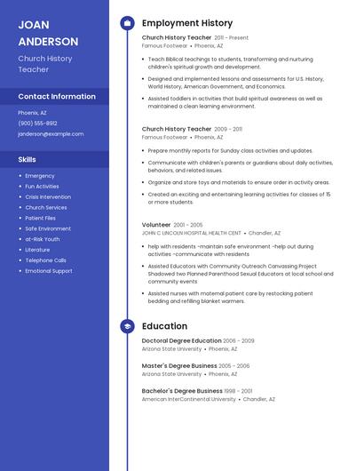Church History Teacher Resume