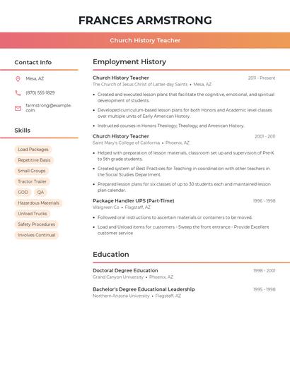 Church History Teacher Resume