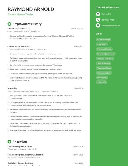Church History Teacher Resume