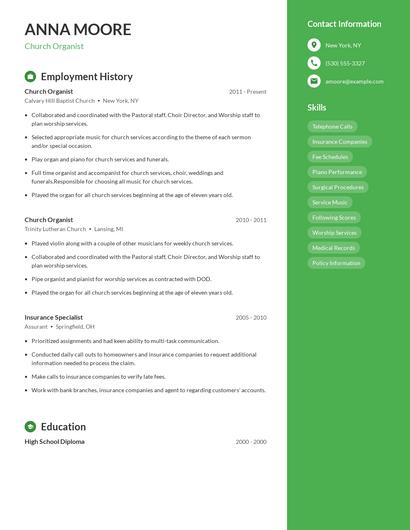 Church Organist Resume