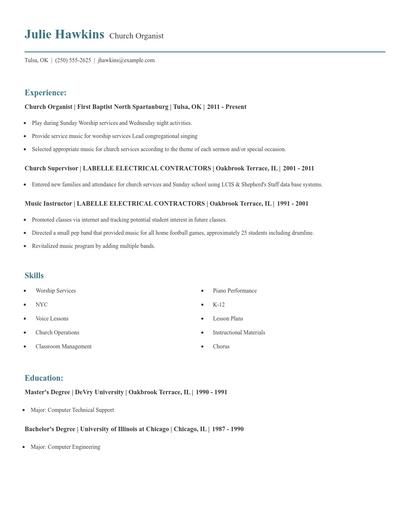 Church Organist Resume