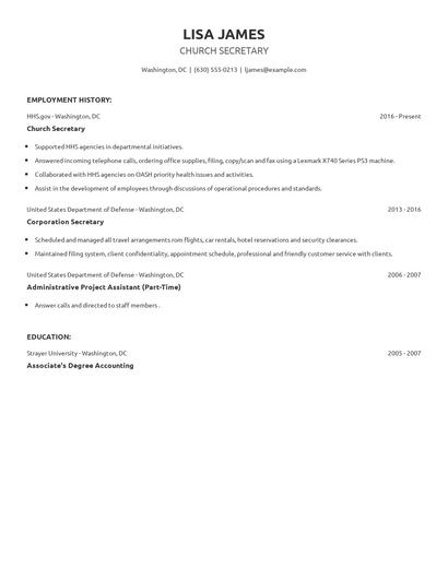 Church Secretary Resume