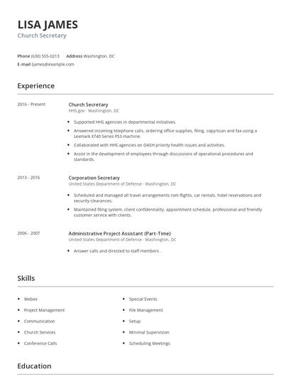 Church Secretary Resume