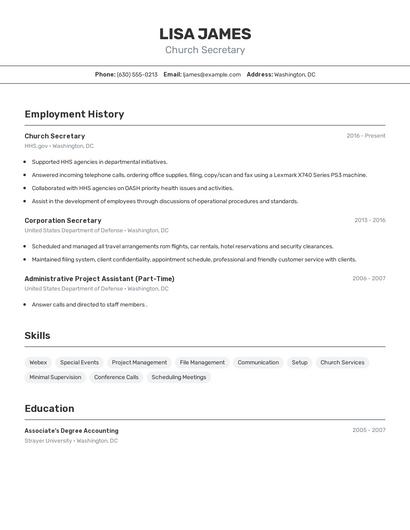 Church Secretary Resume