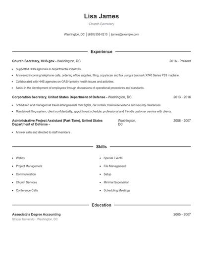Church Secretary Resume