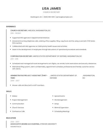Church Secretary Resume