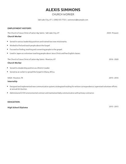 Church Worker Resume