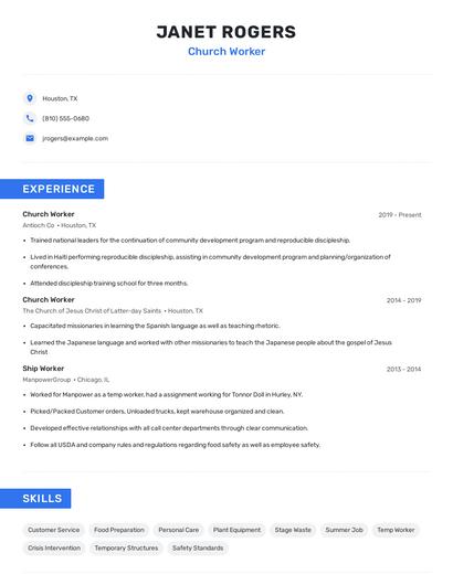 Church Worker Resume