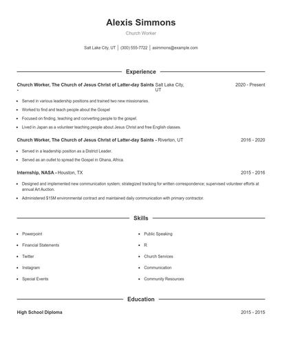 Church Worker Resume