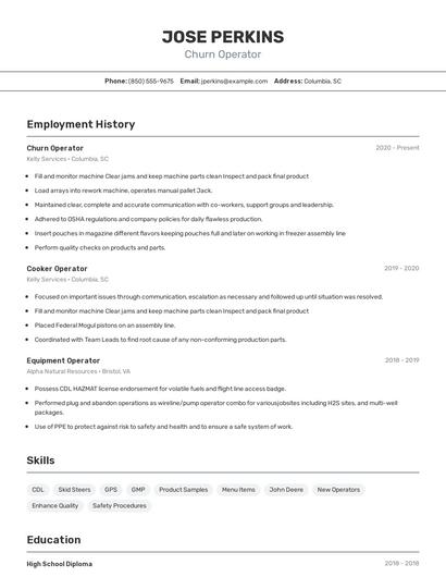 Churn Operator Resume