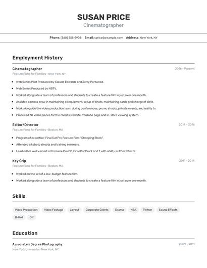 Cinematographer Resume