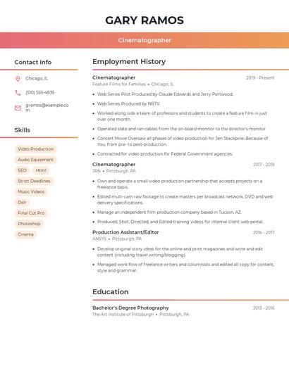 Cinematographer Resume