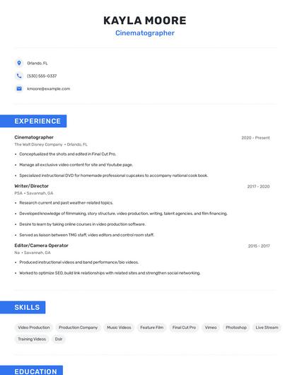 Cinematographer Resume