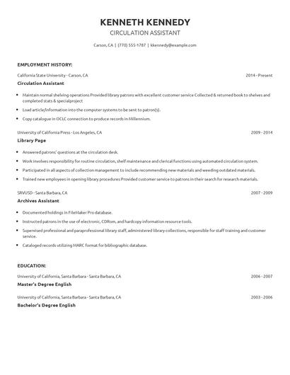 Circulation Assistant Resume