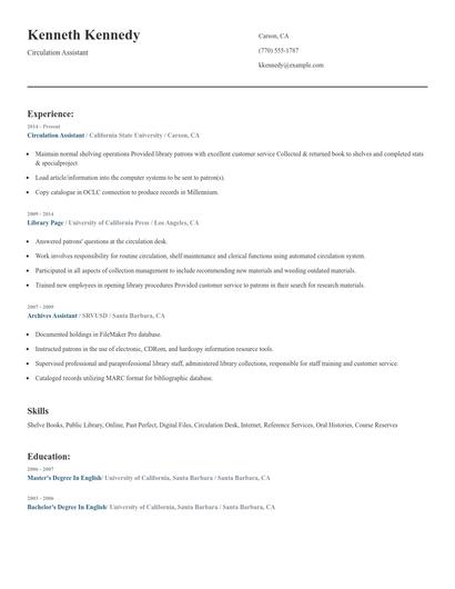 Circulation Assistant Resume