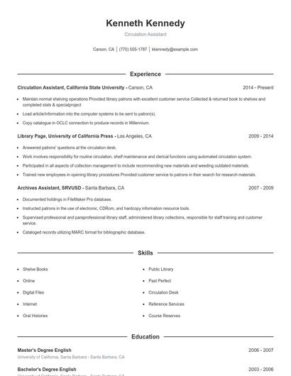 Circulation Assistant Resume