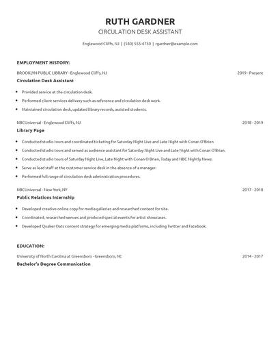Circulation Desk Assistant Resume