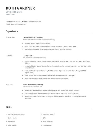 Circulation Desk Assistant Resume