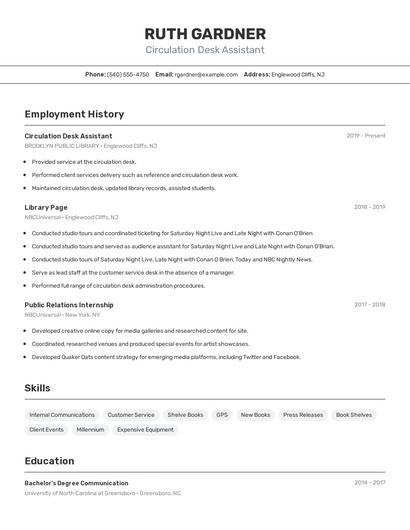Circulation Desk Assistant Resume